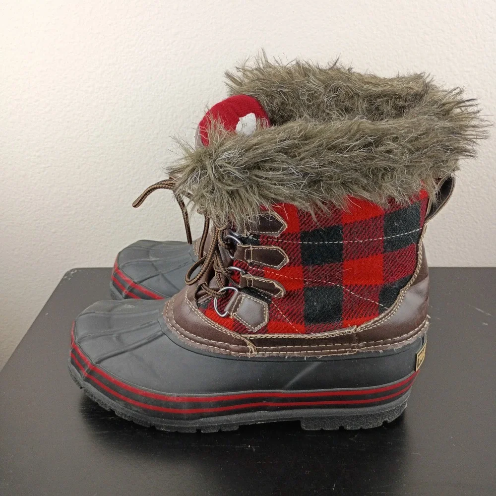 Tamarack Womens Buffalo Plaid Duck Boots Red Black Faux Fur Thinsulate Size 7